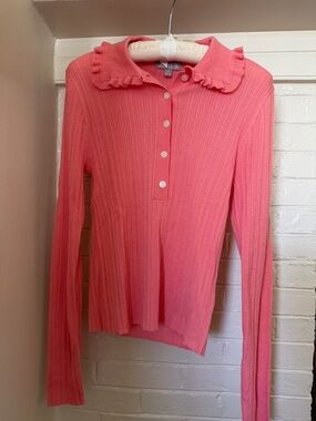 J. Crew Coral Pink Ribbed Long-Sleeve Sweater Top with Ruffle Collar